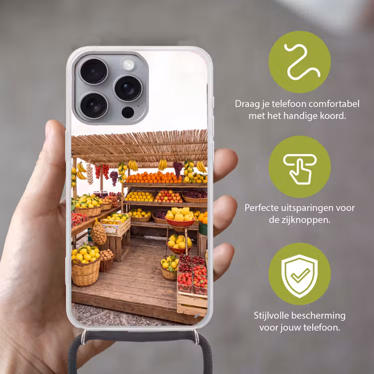 Telefoonhoesje met koord - Marktkraam - Fruit - Vers - Marktkraam - Fruit - Vers Hoesje iPhone 16 Pro Max met koord klein