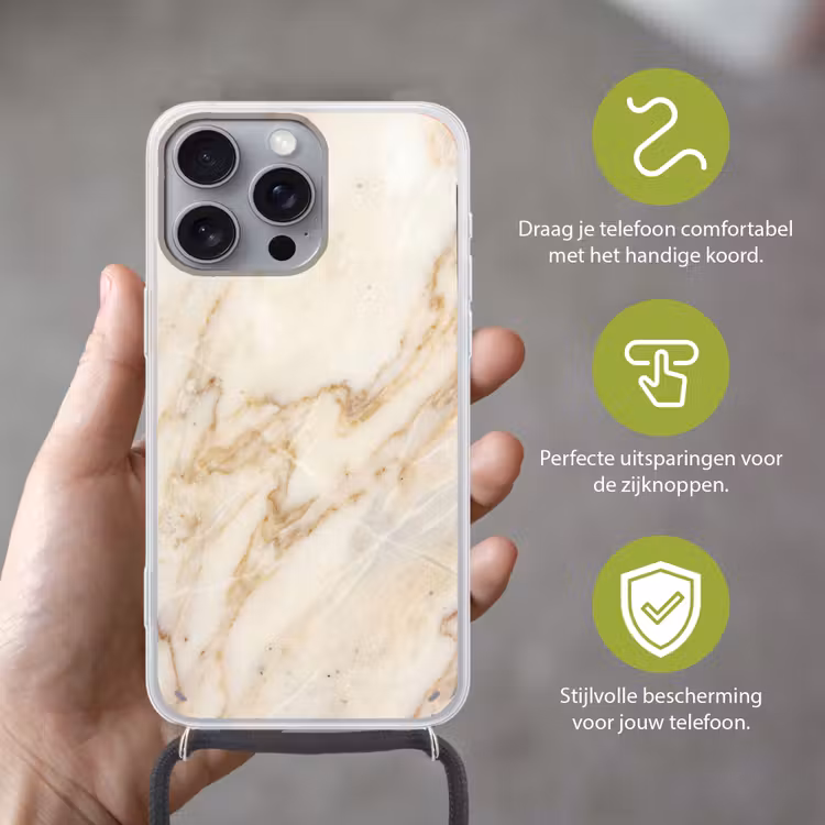 Marmer - Ader - Abstract - Wit - Goud Hoesje iPhone 16 Pro Max met koord klein -sfeer2_NL