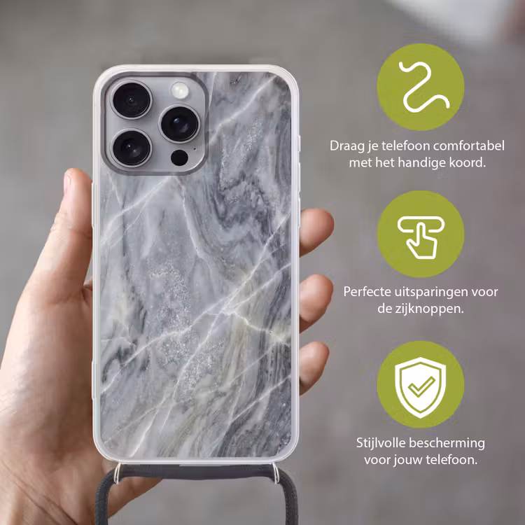Marmer - Ader - Patroon - Abstract - Grijs Hoesje iPhone 16 Pro Max met koord klein -sfeer2_NL
