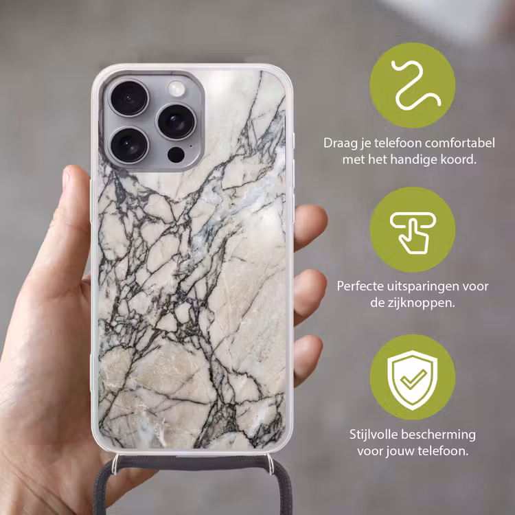 Marmer - Aderen - Patroon - Wit - Grijs Hoesje iPhone 16 Pro Max met koord klein -sfeer2_NL