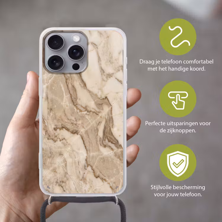 Marmer - Aderen - Textuur - Beige - Modern Hoesje iPhone 16 Pro Max met koord klein -sfeer2_NL