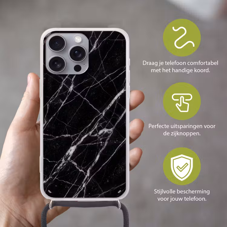 Marmer - Aders - Abstract - Zwart Hoesje iPhone 16 Pro Max met koord klein -sfeer2_NL