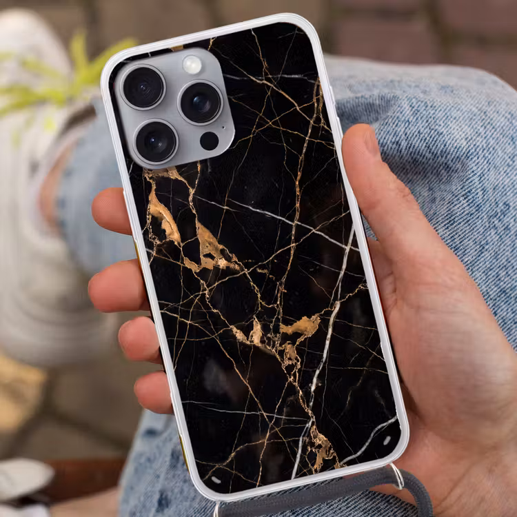 Marmer - Goud - Abstract - Zwart Hoesje iPhone 16 Pro Max met koord klein -sfeer3