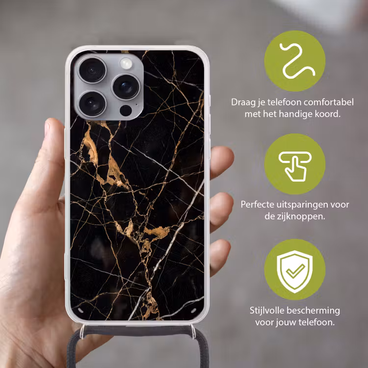 Marmer - Goud - Abstract - Zwart Hoesje iPhone 16 Pro Max met koord klein -sfeer2_NL