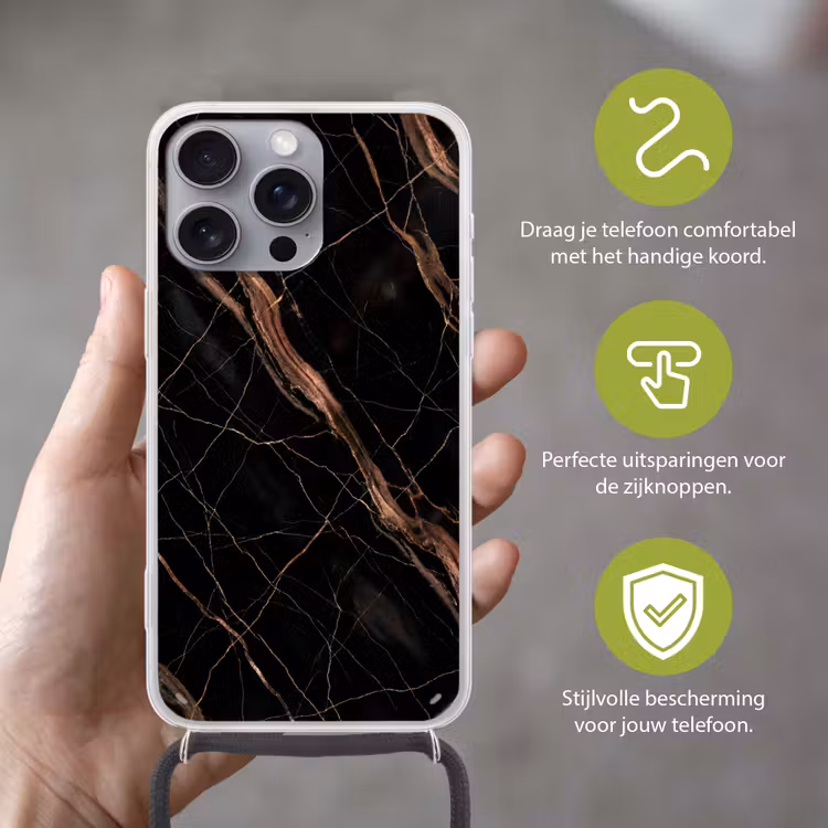 Marmer - Goud - Patroon - Luxe - Zwart Hoesje iPhone 16 Pro Max met koord klein -sfeer2_NL