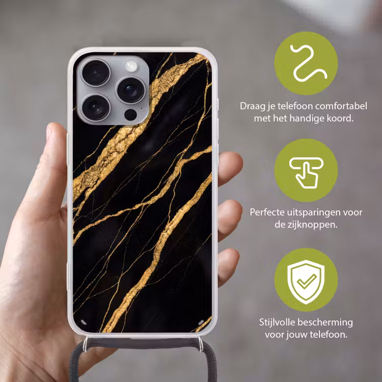 Marmer - Goud - Textuur - Abstract - Zwart Hoesje iPhone 16 Pro Max met koord klein -sfeer2_NL
