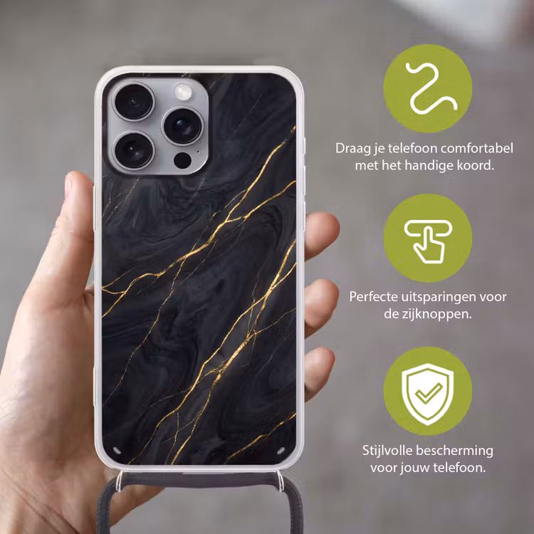 Marmer - Goudaders - Abstract - Modern - Zwart Hoesje iPhone 16 Pro Max met koord klein -sfeer2_NL