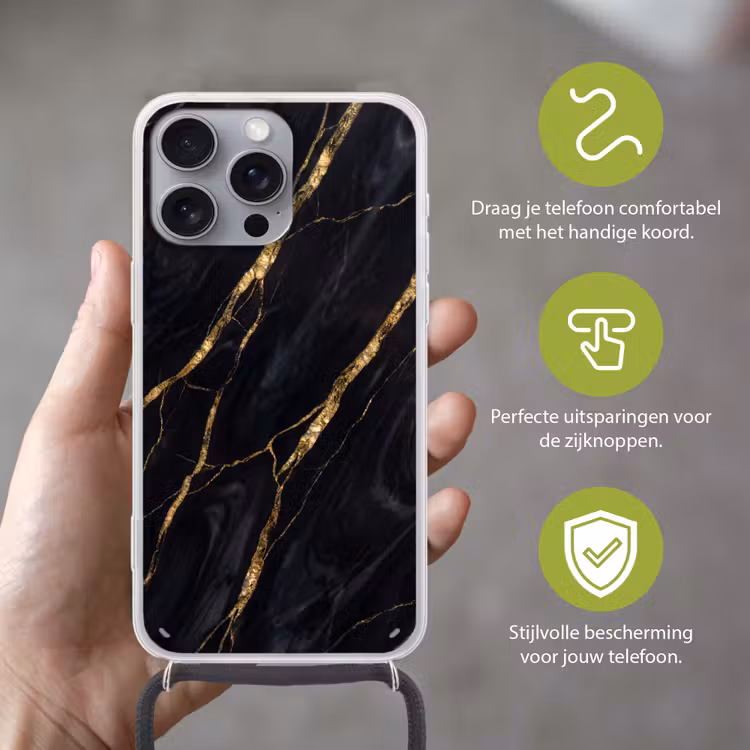 Marmer - Gouden aders - Abstract - Zwart Hoesje iPhone 16 Pro Max met koord klein -sfeer2_NL