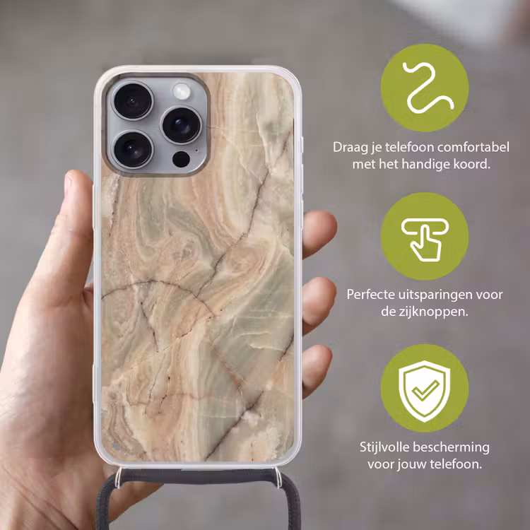 Marmer - Patroon - Abstract - Beige - Groen Hoesje iPhone 16 Pro Max met koord klein -sfeer2_NL