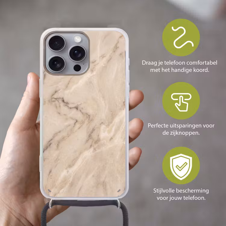 Marmer - Patroon - Abstract - Modern - Beige Hoesje iPhone 16 Pro Max met koord klein -sfeer2_NL