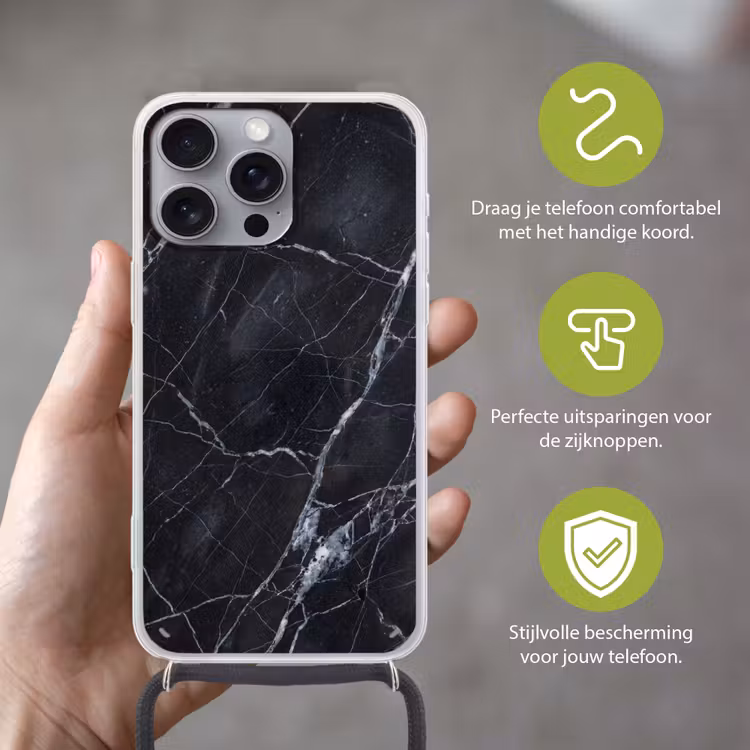 Marmer - Patroon - Modern - Zwart - Wit Hoesje iPhone 16 Pro Max met koord klein -sfeer2_NL