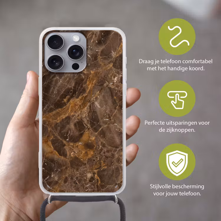 Marmer - Patroon - Natuur - Bruin - Goud Hoesje iPhone 16 Pro Max met koord klein -sfeer2_NL
