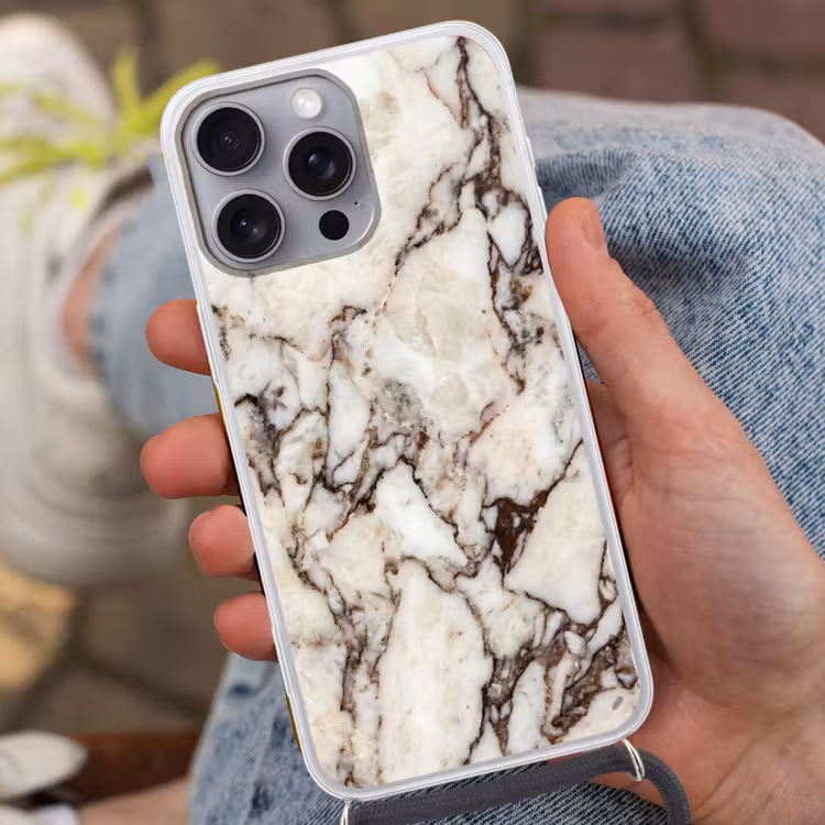 Marmer - Textuur - Abstract - Wit - Bruin Hoesje iPhone 16 Pro Max met koord klein -sfeer3