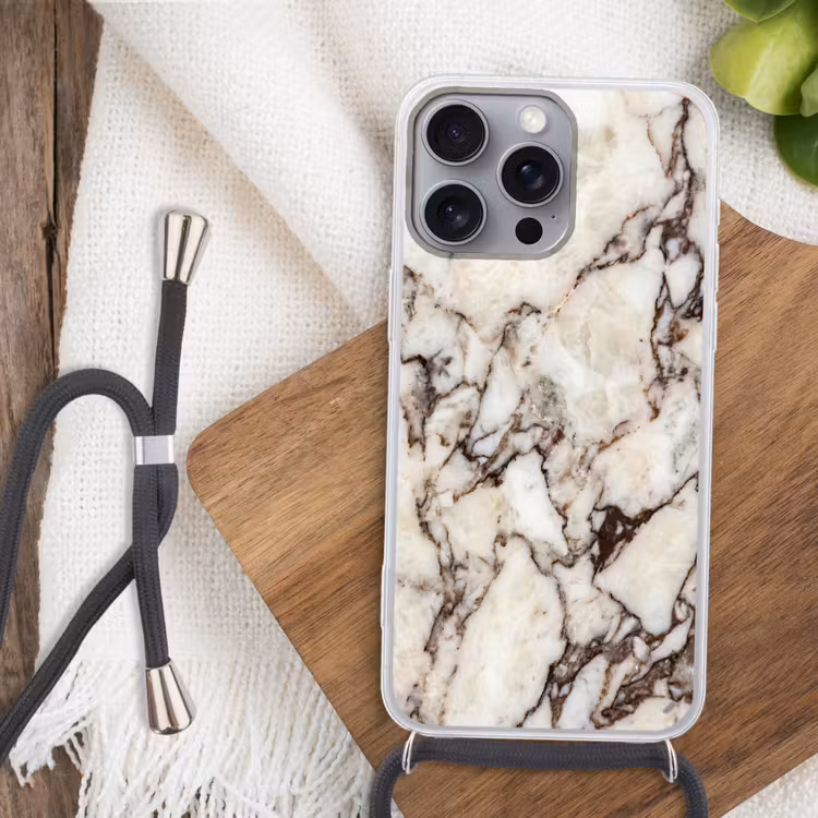 Marmer - Textuur - Abstract - Wit - Bruin Hoesje iPhone 16 Pro Max met koord klein -sfeer4
