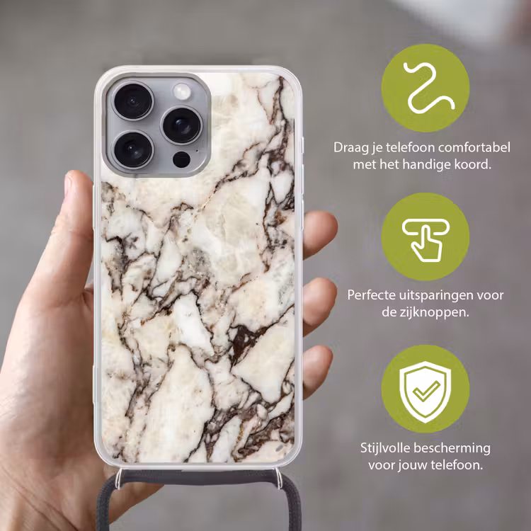 Marmer - Textuur - Abstract - Wit - Bruin Hoesje iPhone 16 Pro Max met koord klein -sfeer2_NL