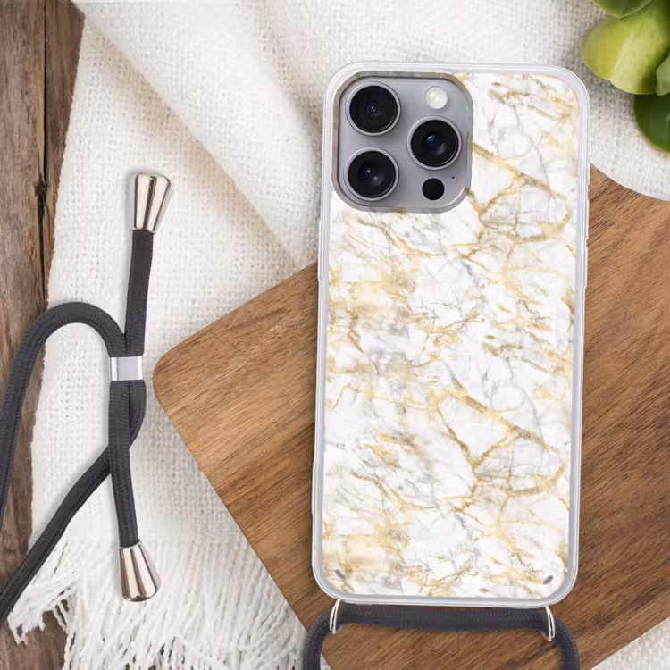 Marmer - Wit - Expressief - Goudaccenten Hoesje iPhone 16 Pro Max met koord klein 804 -sfeer4
