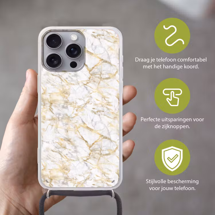 Marmer - Wit - Expressief - Goudaccenten Hoesje iPhone 16 Pro Max met koord klein 804 -sfeer2_NL