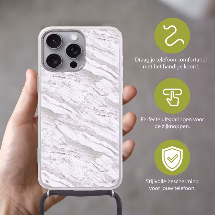 Marmer - Wit - Grijsgroen Hoesje iPhone 16 Pro Max met koord klein 804 -sfeer2_NL