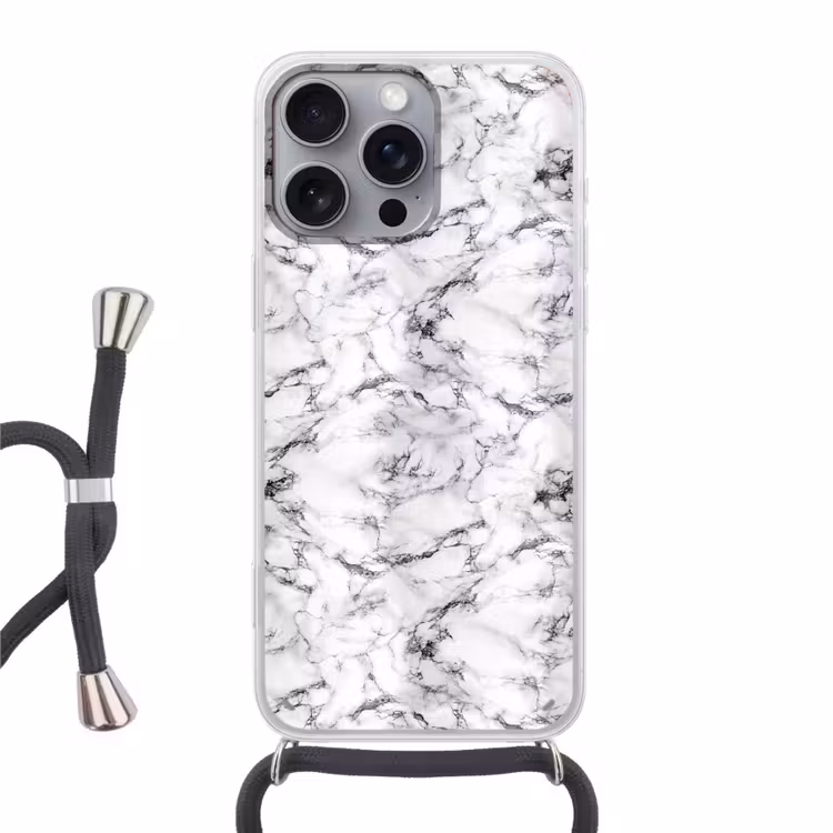 Marmer - Zwart - Dramatisch - Wit Hoesje iPhone 16 Pro Max met koord klein 804 -3d