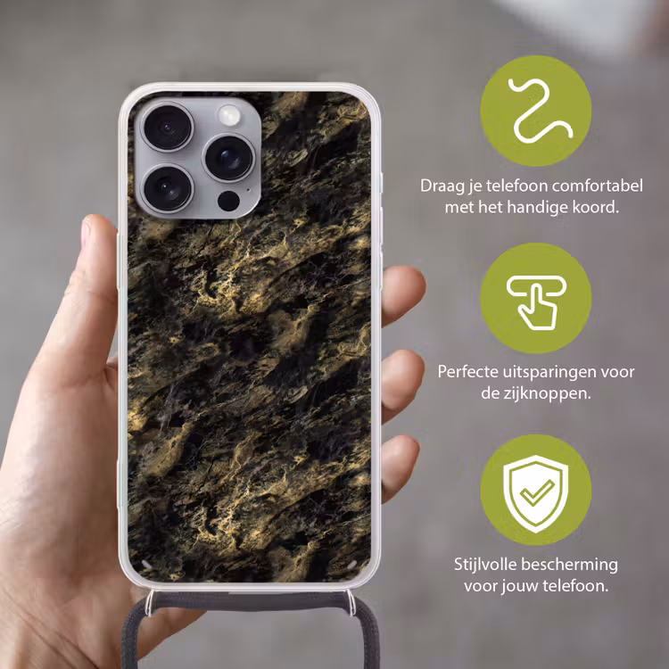 Marmer - Zwart - Goud Hoesje iPhone 16 Pro Max met koord klein 804 -sfeer2_NL