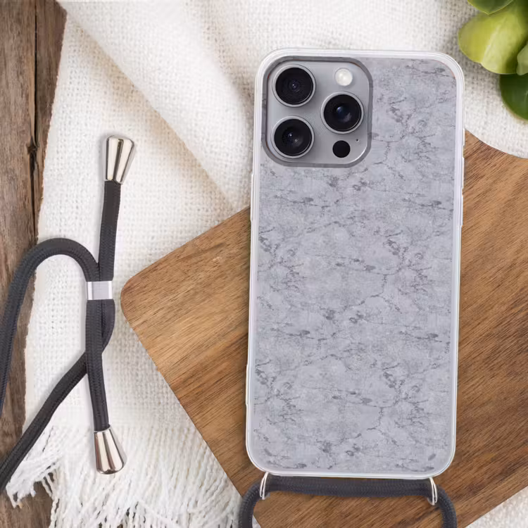 Marmerplaat - Patroon - Grijs Hoesje iPhone 16 Pro Max met koord klein 804 -sfeer4