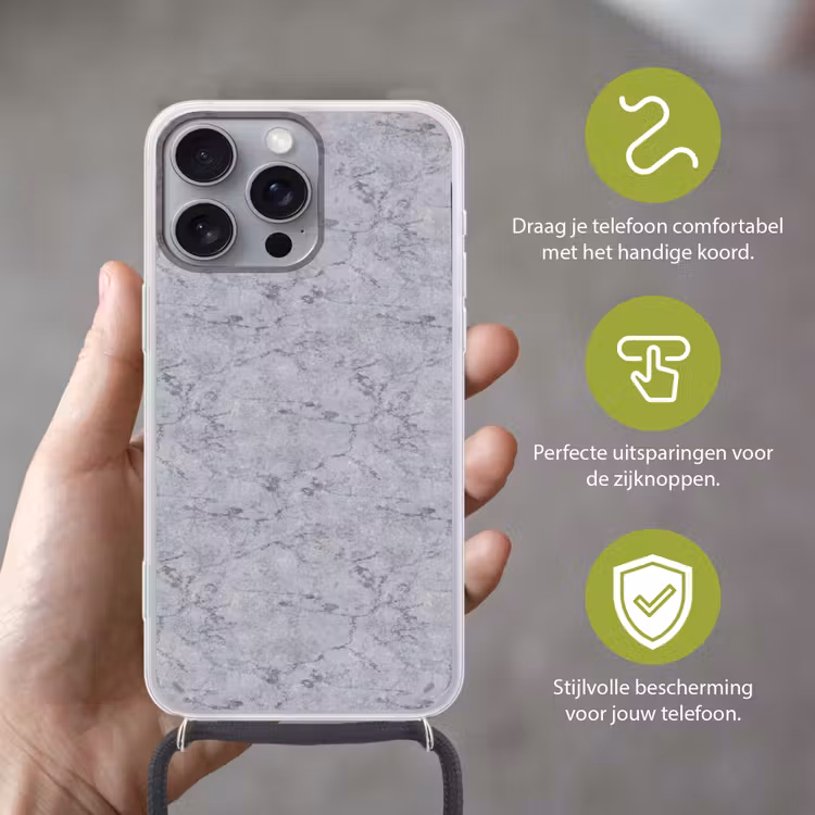 Marmerplaat - Patroon - Grijs Hoesje iPhone 16 Pro Max met koord klein 804 -sfeer2_NL