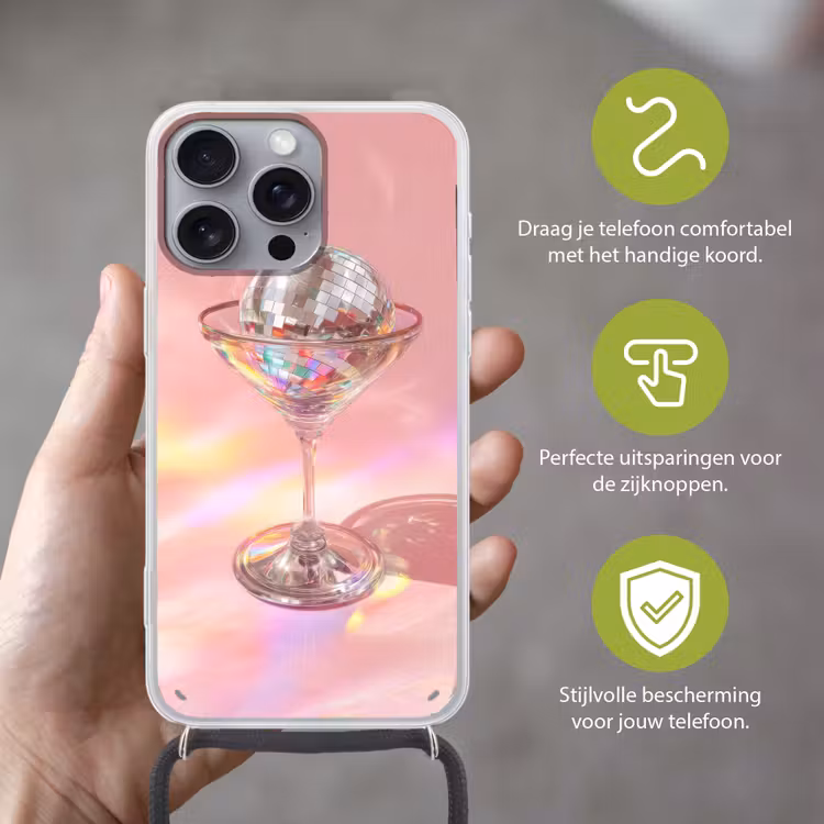 Martiniglas - Discobal - Fonkelende lichtvlekken Hoesje iPhone 16 Pro Max met koord klein -sfeer2_NL