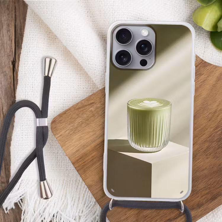 Matcha - Glas - Groen - Minimalistisch Hoesje iPhone 16 Pro Max met koord klein -sfeer4
