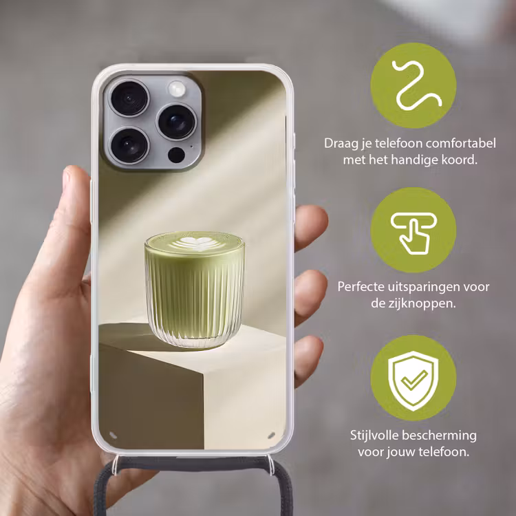 Matcha - Glas - Groen - Minimalistisch Hoesje iPhone 16 Pro Max met koord klein -sfeer2_NL