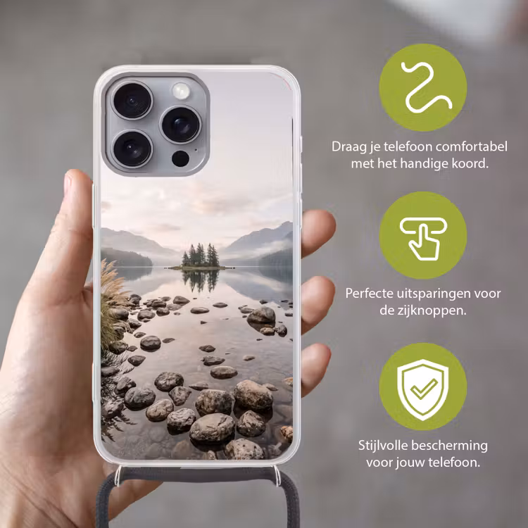 Meer - Bergen - Landschap - Groen Hoesje iPhone 16 Pro Max met koord klein -sfeer2_NL