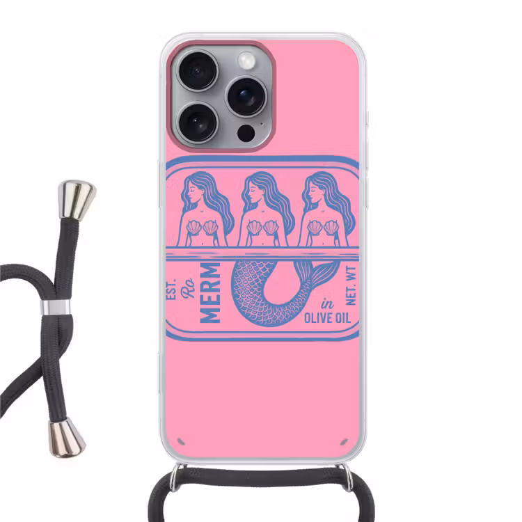 Meermin - Sardineblik - Illustratie - Roze - Retro Hoesje iPhone 16 Pro Max met koord klein -3d