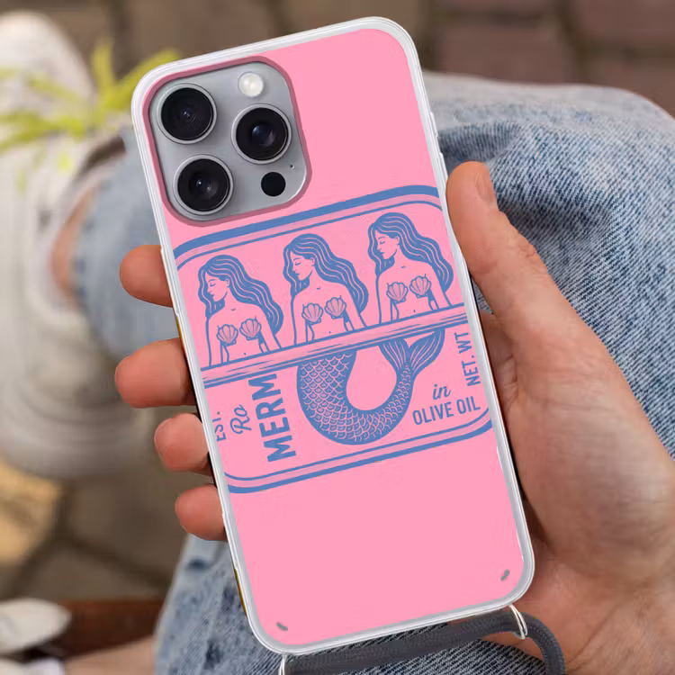 Meermin - Sardineblik - Illustratie - Roze - Retro Hoesje iPhone 16 Pro Max met koord klein -sfeer3