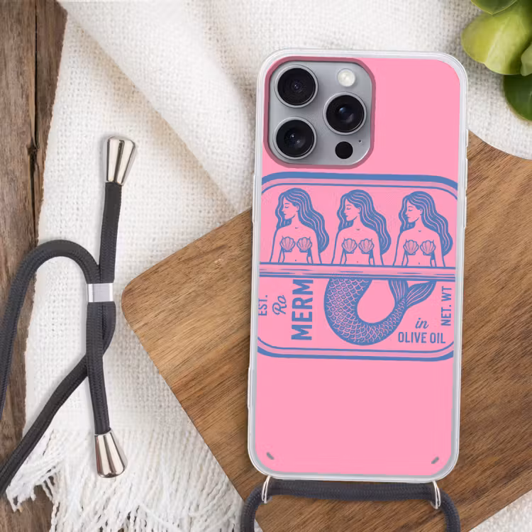 Meermin - Sardineblik - Illustratie - Roze - Retro Hoesje iPhone 16 Pro Max met koord klein -sfeer4