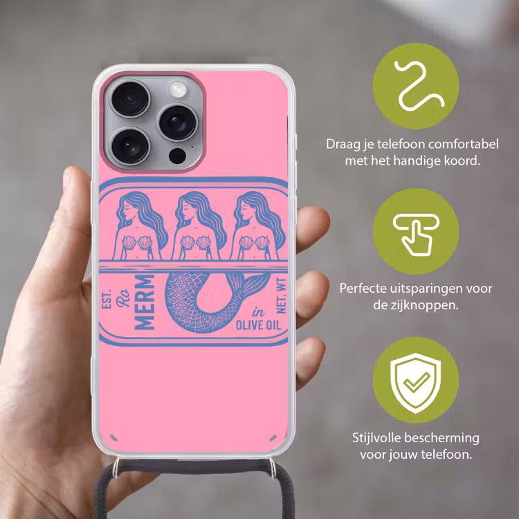 Meermin - Sardineblik - Illustratie - Roze - Retro Hoesje iPhone 16 Pro Max met koord klein -sfeer2_NL