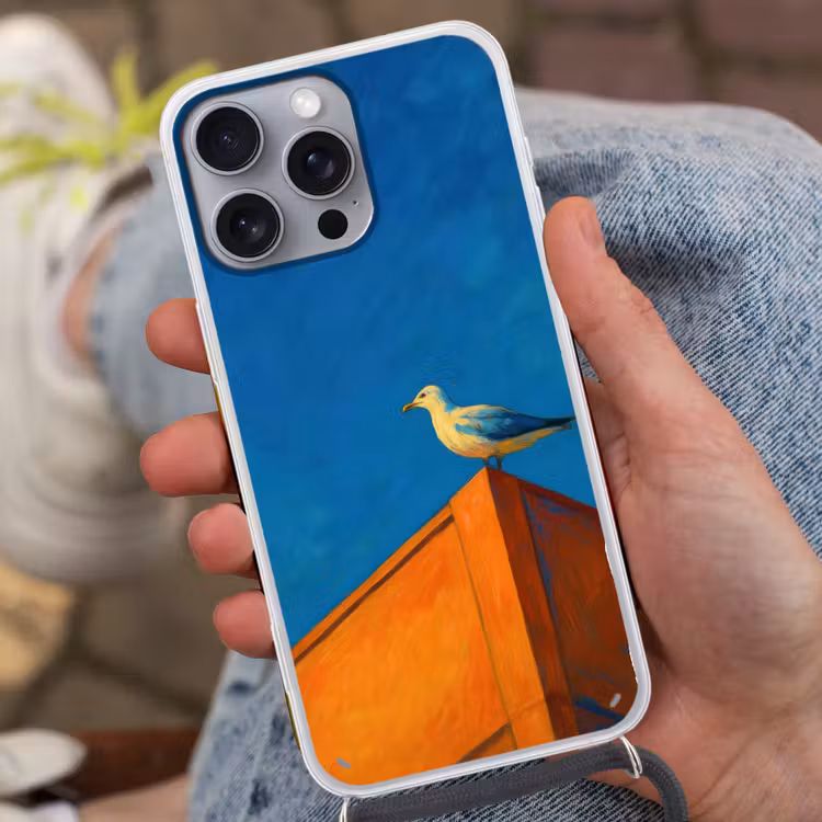 Meeuw - Gebouw - Lucht - Geschilderd Hoesje iPhone 16 Pro Max met koord klein -sfeer3