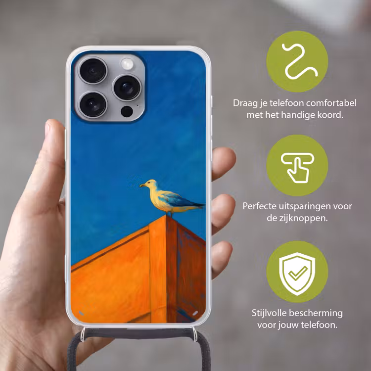 Meeuw - Gebouw - Lucht - Geschilderd Hoesje iPhone 16 Pro Max met koord klein -sfeer2_NL