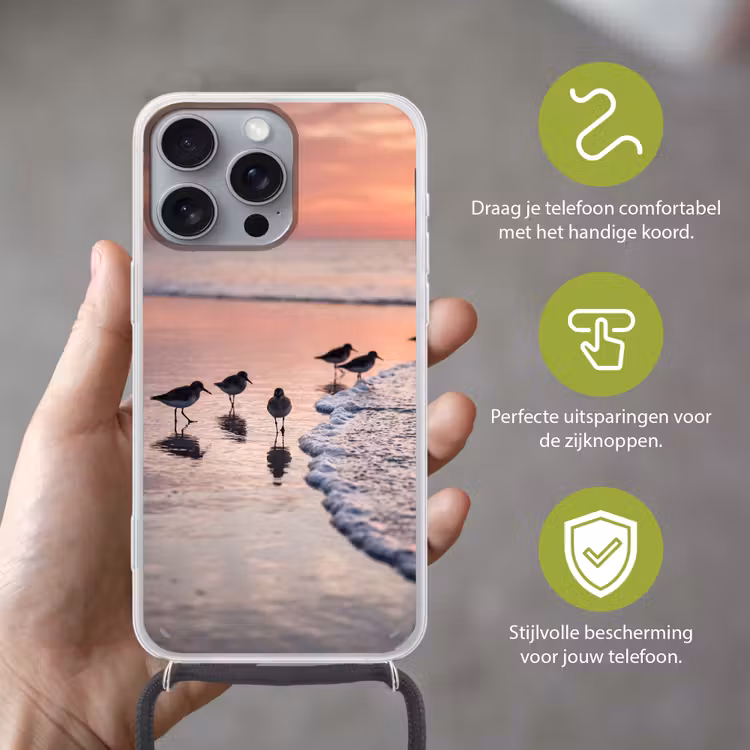 Meeuwen - Strand - Zee - Roze Hoesje iPhone 16 Pro Max met koord klein -sfeer2_NL