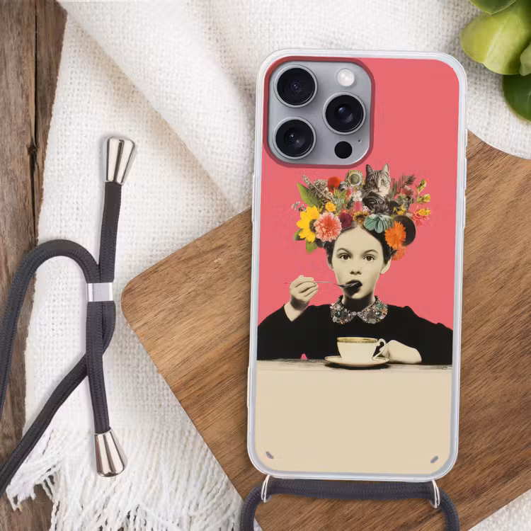 Meisje - Kopje - Bloemen - Roze Hoesje iPhone 16 Pro Max met koord klein -sfeer4