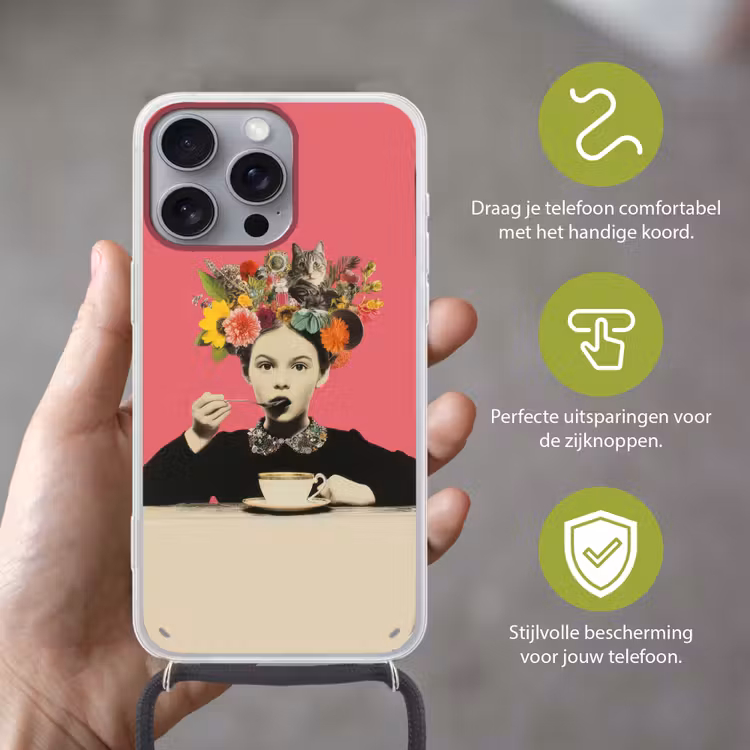 Meisje - Kopje - Bloemen - Roze Hoesje iPhone 16 Pro Max met koord klein -sfeer2_NL