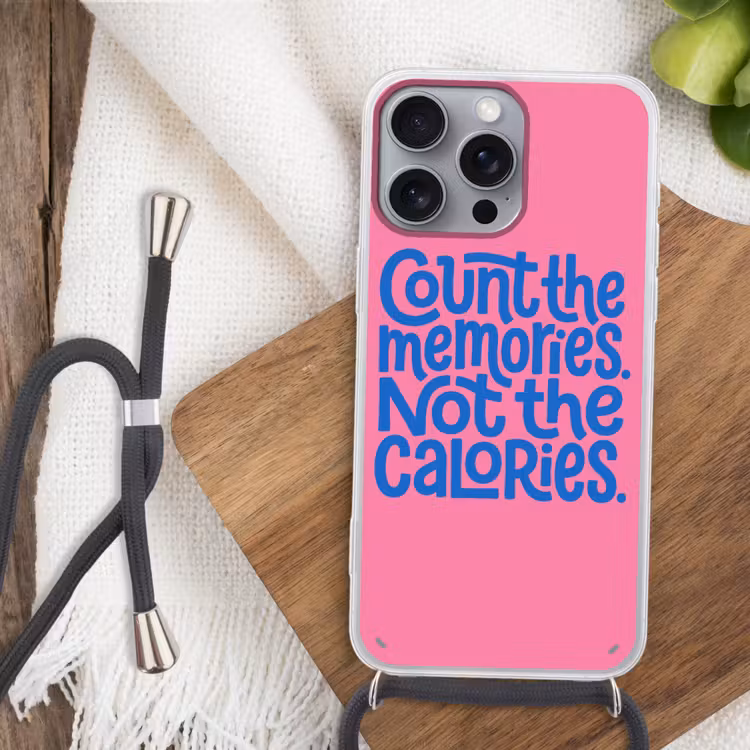 Memories - Roze - Blauw - Quote Hoesje iPhone 16 Pro Max met koord klein -sfeer4
