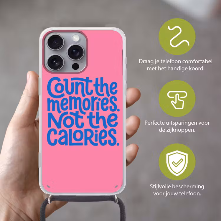 Memories - Roze - Blauw - Quote Hoesje iPhone 16 Pro Max met koord klein -sfeer2_NL