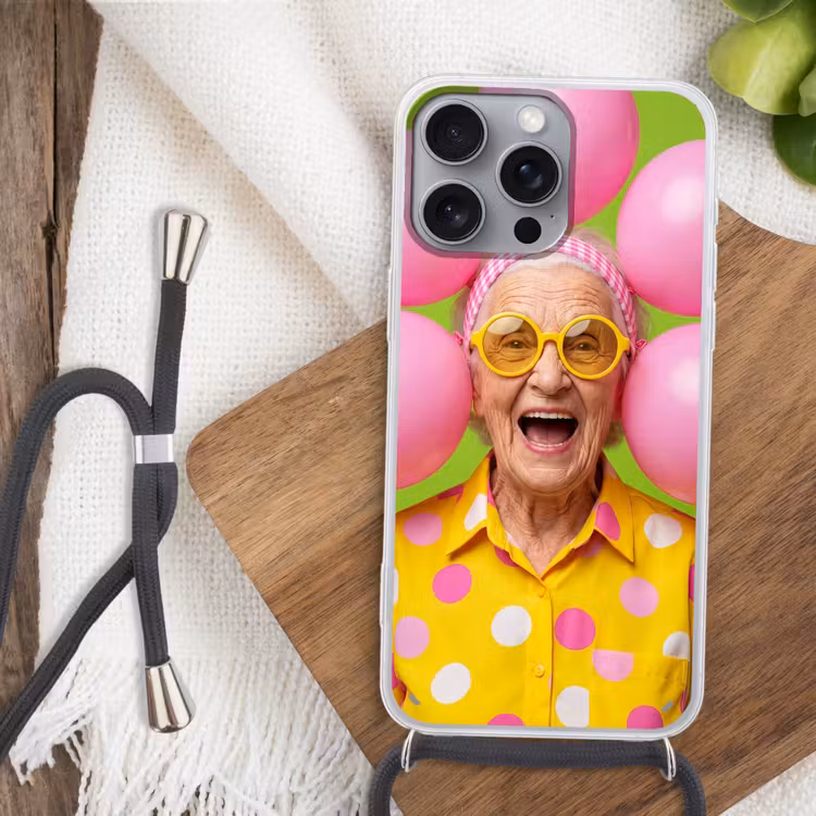 Mens - Ballonnen - Feest - Kleurrijk - Roze Hoesje iPhone 16 Pro Max met koord klein -sfeer4