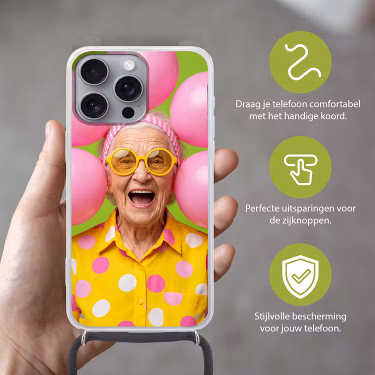Mens - Ballonnen - Feest - Kleurrijk - Roze Hoesje iPhone 16 Pro Max met koord klein -sfeer2_NL