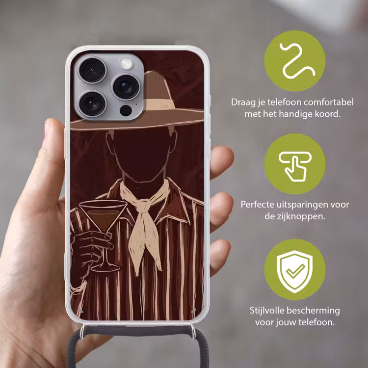 Mens - Hoed - Cocktail - Abstract - Bruin Hoesje iPhone 16 Pro Max met koord klein -sfeer2_NL