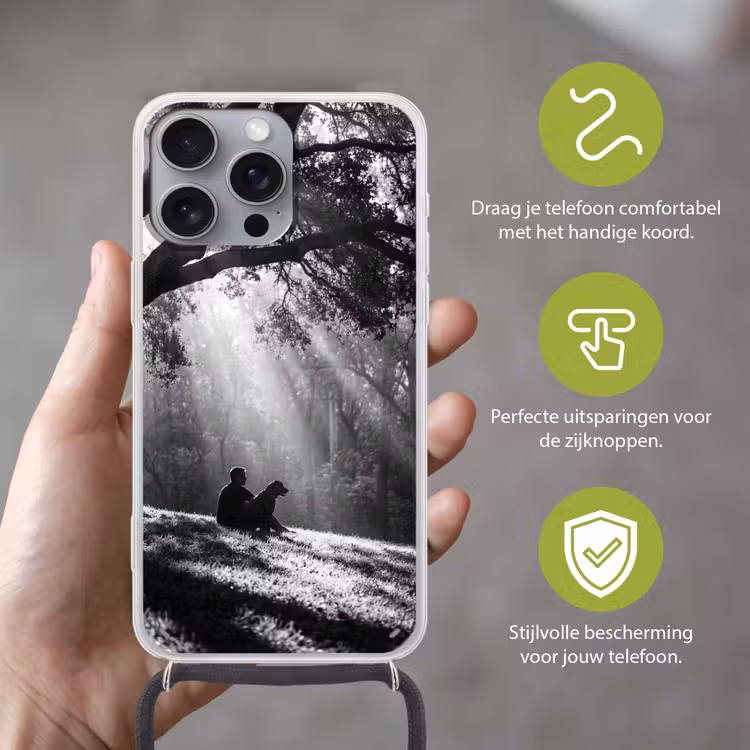 Mens - Hond - Natuur - Zwart-wit - Silhouet Hoesje iPhone 16 Pro Max met koord klein -sfeer2_NL