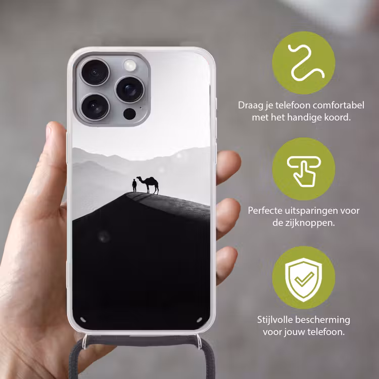 Mens - Kameel - Zandduin - Natuur - Monochroom Hoesje iPhone 16 Pro Max met koord klein -sfeer2_NL