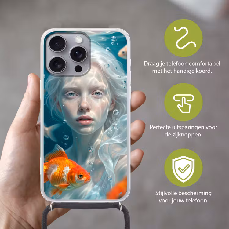 Mens - Onderwater - Vis - Modern - Blauw Hoesje iPhone 16 Pro Max met koord klein -sfeer2_NL