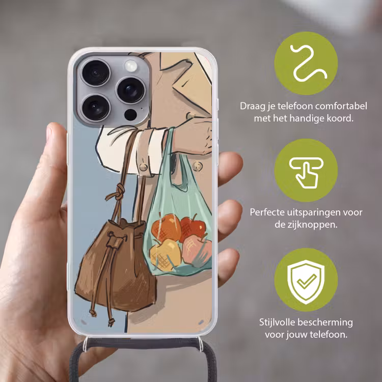 Mensen - Boodschappen - Stadsleven - Modern - Kleurrijk Hoesje iPhone 16 Pro Max met koord klein -sfeer2_NL