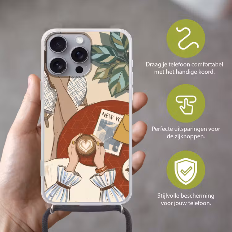 Mensen - Cafe - Koffie - Stadsleven - Modern Hoesje iPhone 16 Pro Max met koord klein -sfeer2_NL