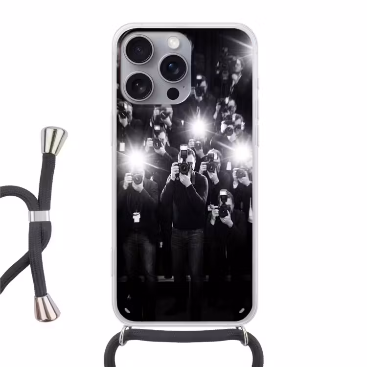 Mensen - Camera - Flitslicht - Zwart-wit - Media Hoesje iPhone 16 Pro Max met koord klein -3d